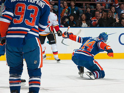 Hall injured but Eberle and Nugent-Hopkins lead Oilers in win over the Flames
